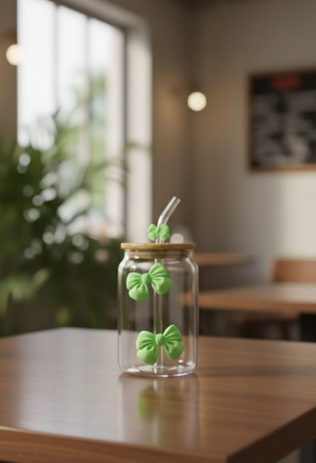 Aesthetic Bow Glass Can Mug with Bamboo Lid & Straw - Iced Coffee Cup (Perfect Gift)