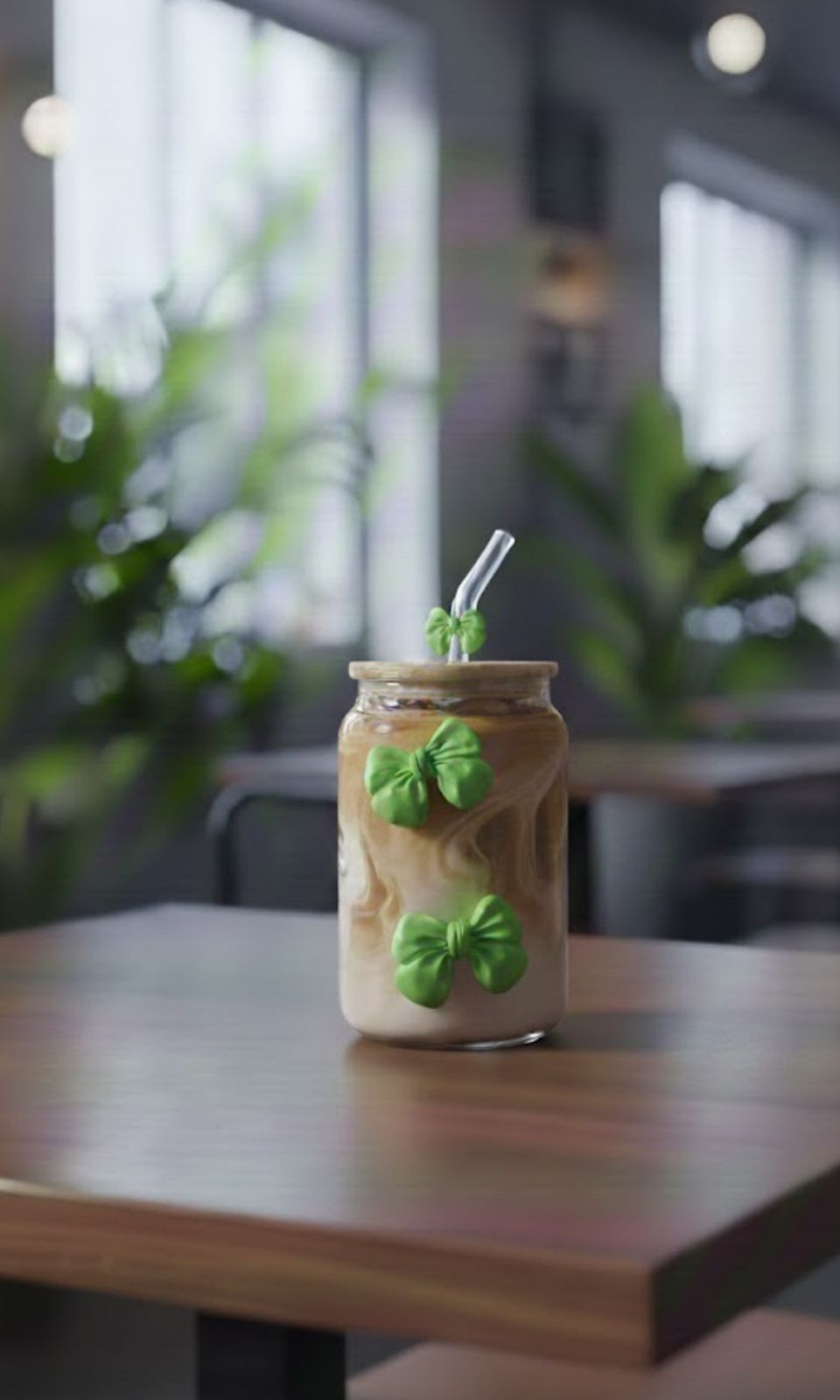 Aesthetic Bow Glass Can Mug with Bamboo Lid & Straw - Iced Coffee Cup (Perfect Gift)